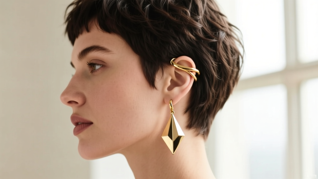 Close-up profile of a woman with a textured pixie cut showcasing a 14k gold ear cuff and a medium-length geometric drop earring