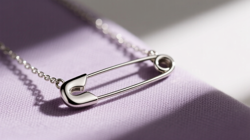 Close-up of a polished 316L surgical steel safety pin pendant on a delicate chain, resting on soft lavender linen in warm light.