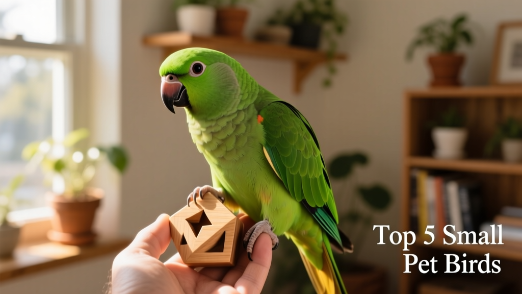 A green-cheeked conure perched on a hand, tilting its head curiously while holding a small wooden puzzle toy