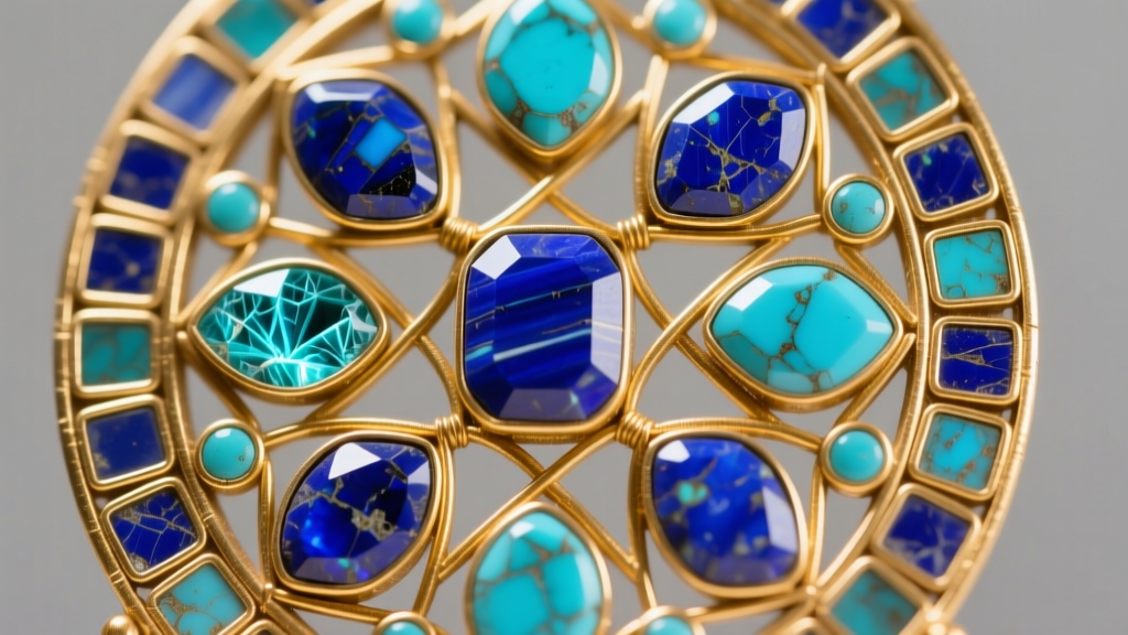 Macro shot of ancient Egyptian gold cloisonné showing raw lapis lazuli and turquoise set in delicate wire cells.