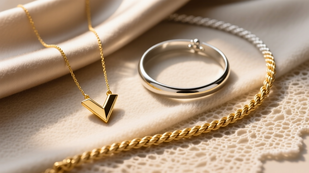 Flat lay of a gold V-neck pendant, silver choker, and long rope chain resting on silk, wool, and lace fabric swatches.