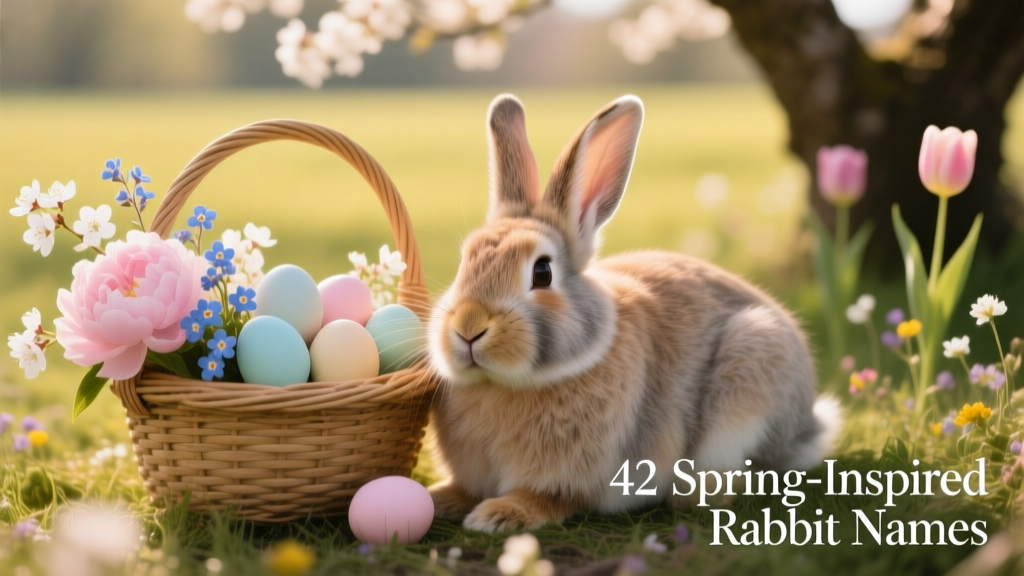 A relaxed lop-eared rabbit resting beside a woven basket filled with pastel eggs and spring blossoms