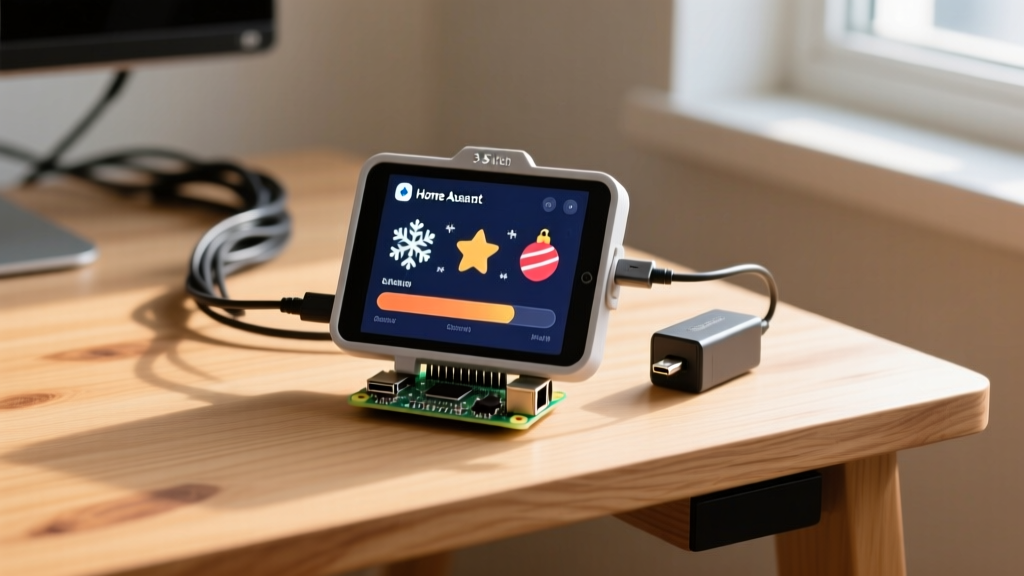 A DIY Raspberry Pi Zero setup with a small touchscreen displaying a custom Home Assistant holiday countdown dashboard on a wooden desk.