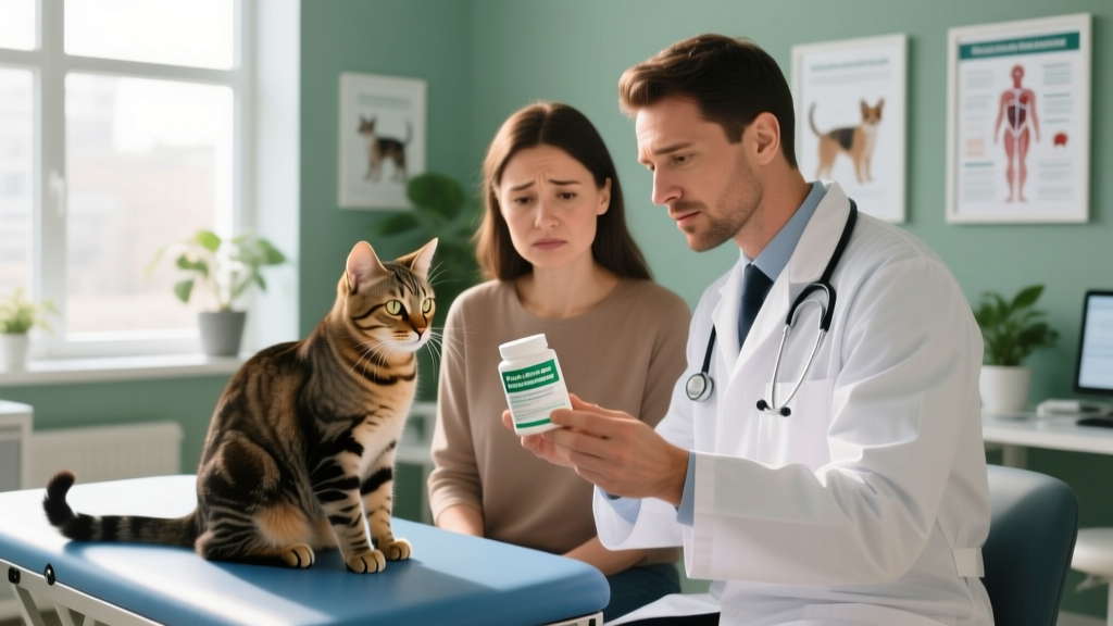 Veterinarian reviewing a supplement label with a cat owner during a wellness exam