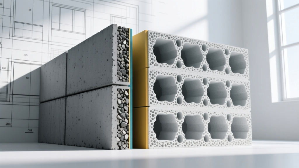 Cross-section diagram comparing dense gray concrete masonry units with porous light gray aerated breeze blocks on a blueprint