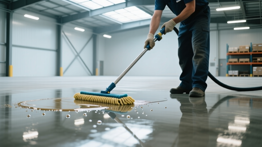 Worker applying liquid chemical densifier to a polished concrete warehouse floor reflecting overhead LED lights with a microfiber mop