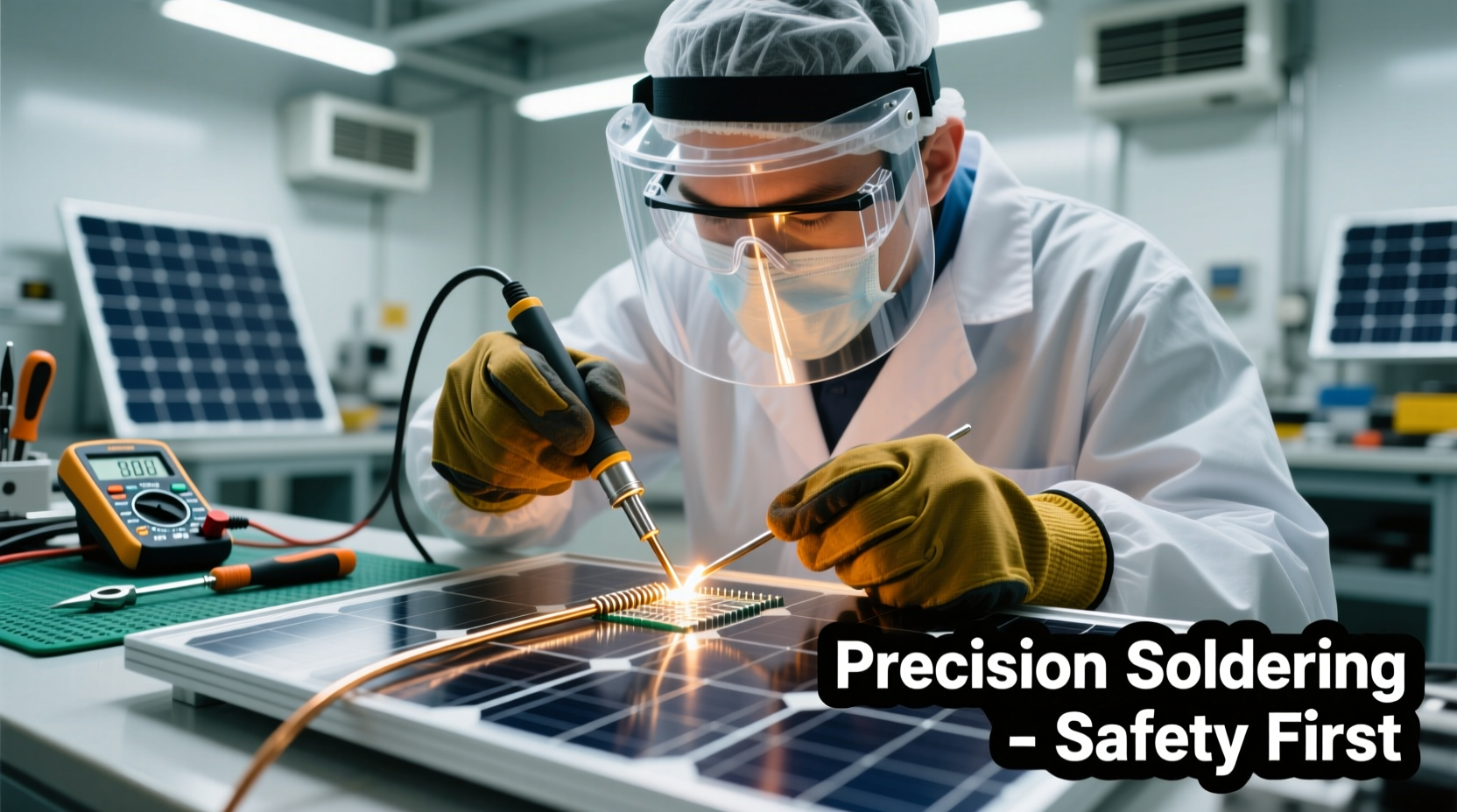 Close-up of soldering solar cells with proper safety equipment