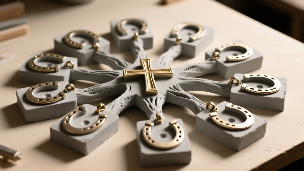 Workbench displaying a lost-wax casting tree with horseshoe cross pendant molds in gray investment plaster under bright warm lighting