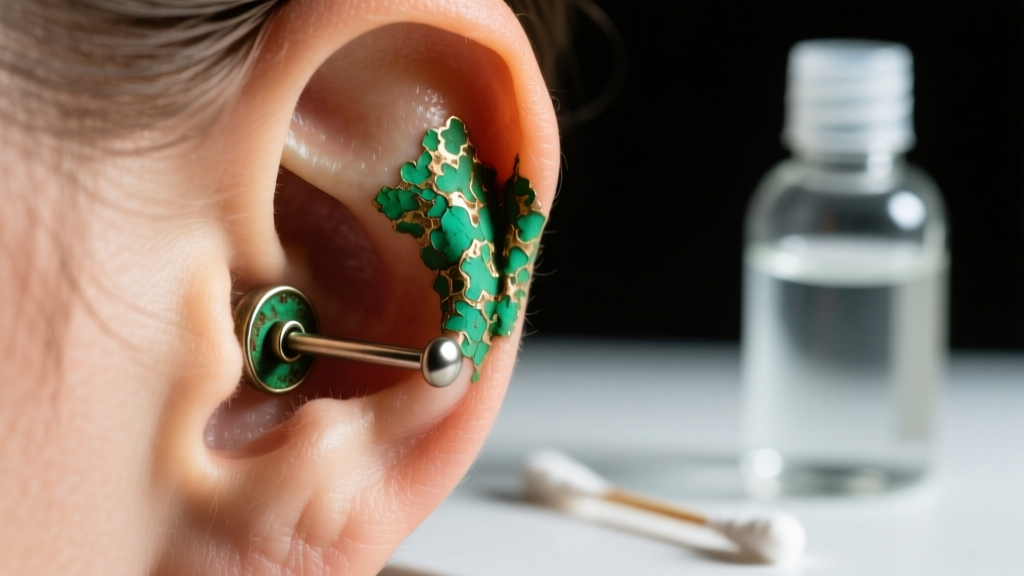 Macro of an earlobe showing green tarnish from a metal post, with a blurred cotton swab and rubbing alcohol bottle in background