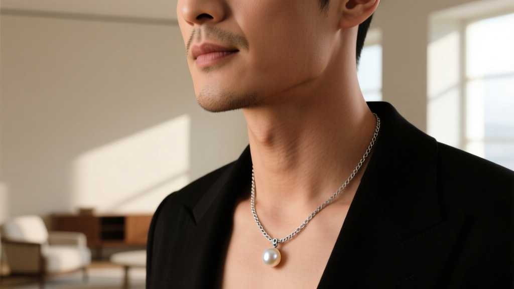 Close-up of a man wearing a delicate 1.5mm silver box chain with a tiny 8mm freshwater pearl pendant, soft natural window lighting.