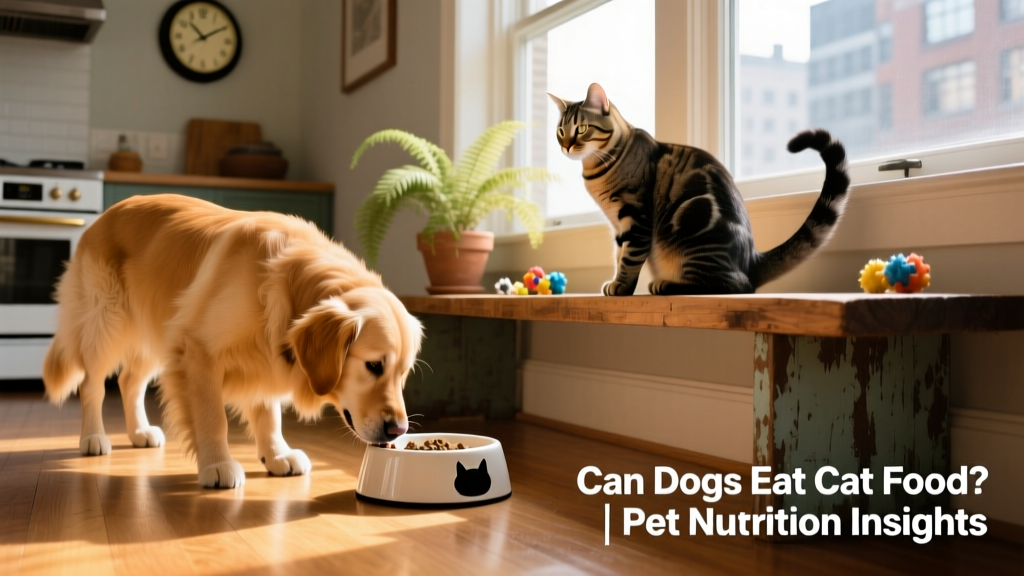 A curious dog sniffing near a cat’s elevated food bowl, while the cat sits calmly nearby on a shelf