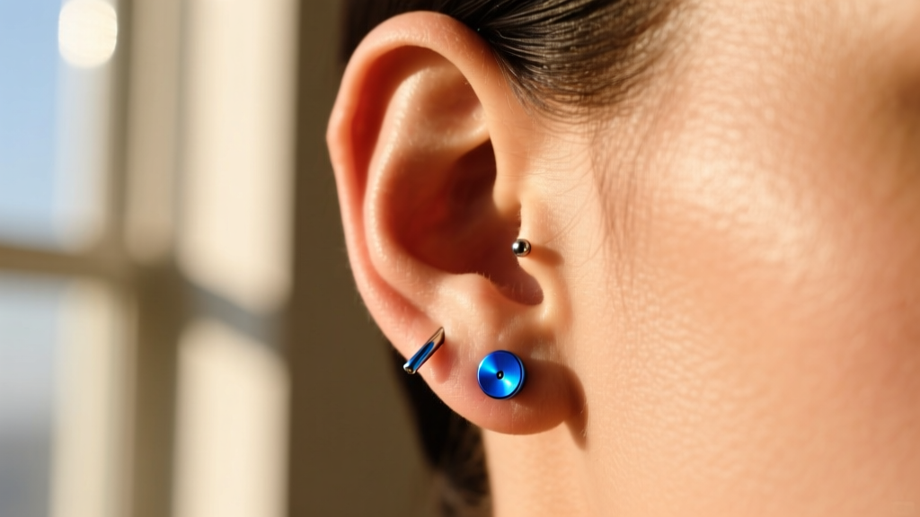 Side profile of fresh upper helix piercing with 16-gauge anodized blue titanium stud against warm skin in bright natural sun.