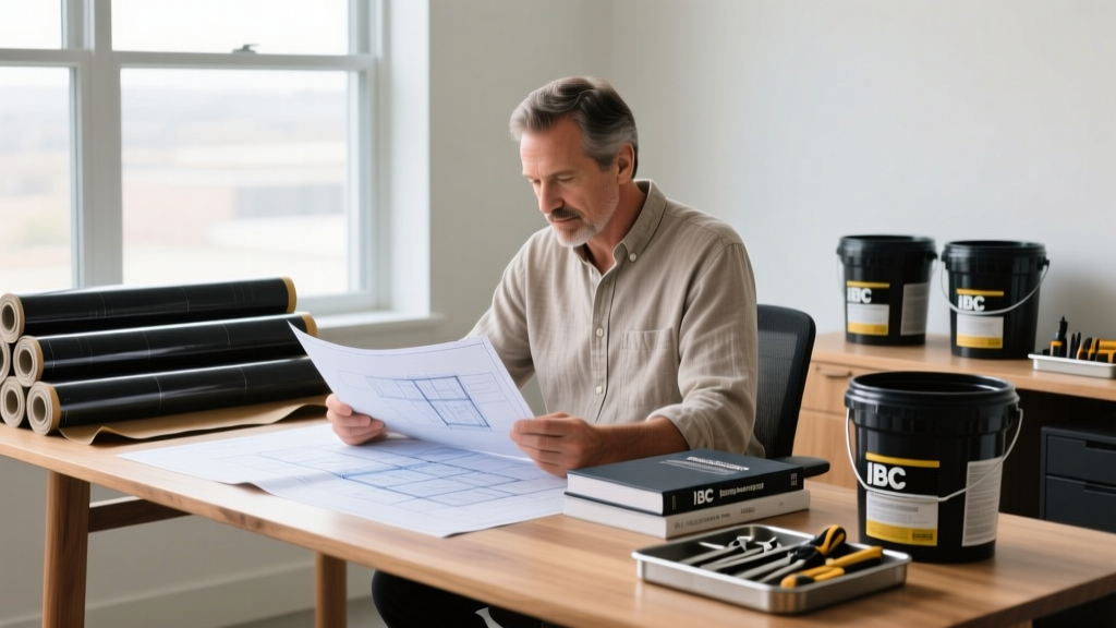 Architect reviewing large format blueprints and IBC codebooks on a desk next to rolls of self-adhered bituminous flashing and fluid-applied membrane buckets
