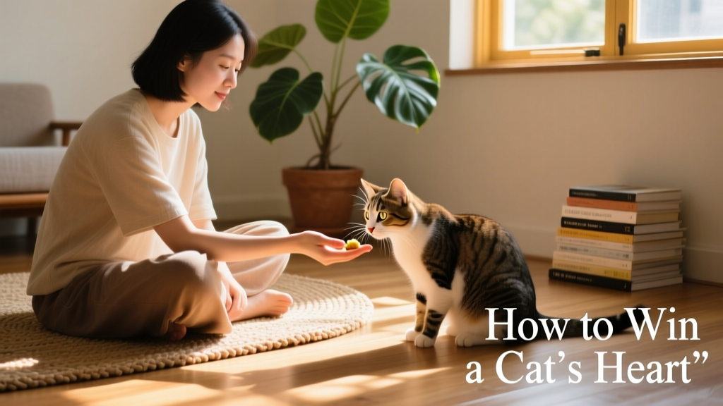 Calm person sitting cross-legged on the floor, gently offering a small treat to a curious cat who is sniffing their palm
