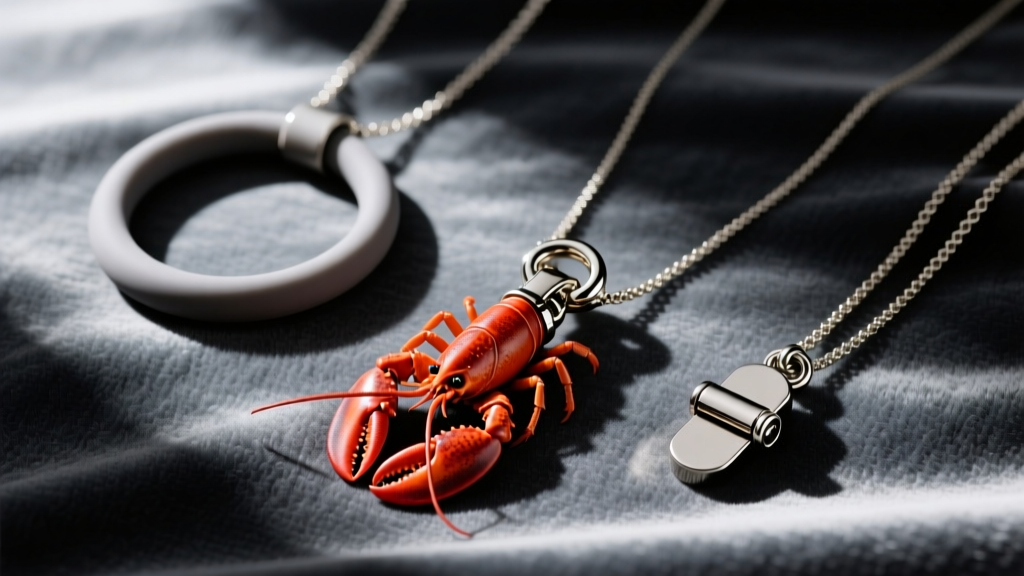 Flat lay of three eyewear necklace attachments: a silicone loop, a lobster clasp, and a magnetic clasp on dark velvet fabric.