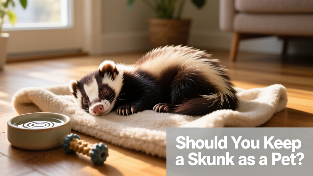 A relaxed skunk curled up sleeping on a soft fleece blanket next to a small water dish and chew toy