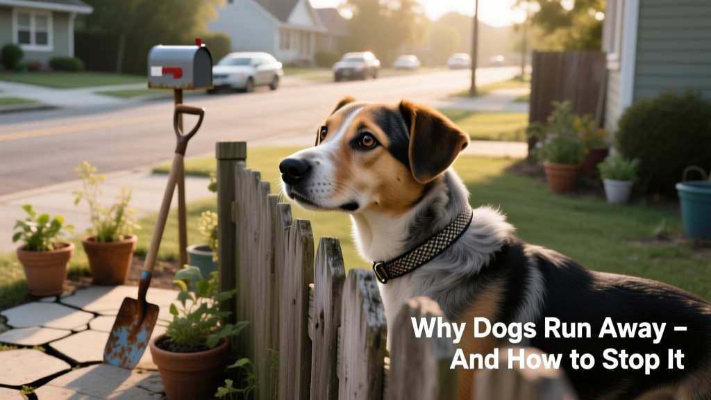 A curious mixed-breed dog peering over a backyard fence, looking toward the street