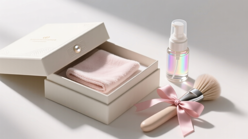 Elegant gift box containing a microfiber polishing cloth, gentle pearl foam cleaner, and a soft brush tied with a silk ribbon.