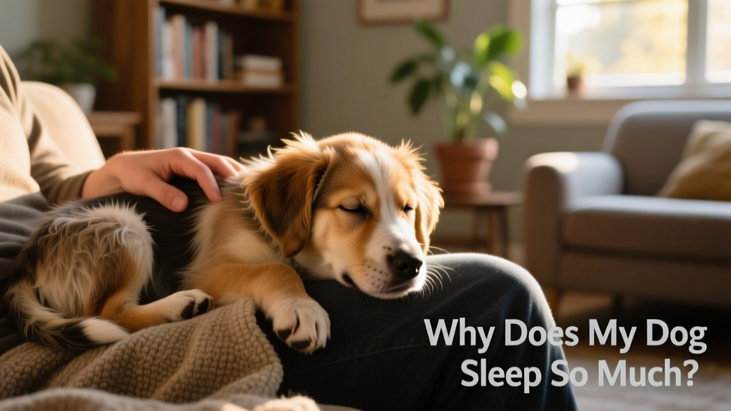 A tired but alert puppy gently resting its head on a human's lap, eyes half-closed, with a calm expression