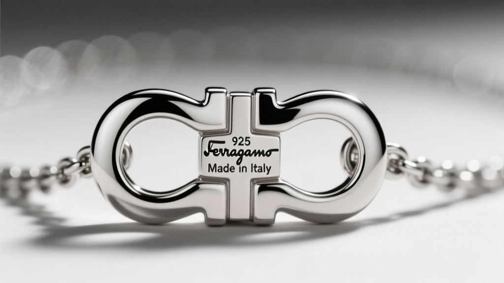 Macro shot of a sterling silver Ferragamo necklace clasp showing crisp 925 and Made in Italy hallmarks engraved on the polished metal.