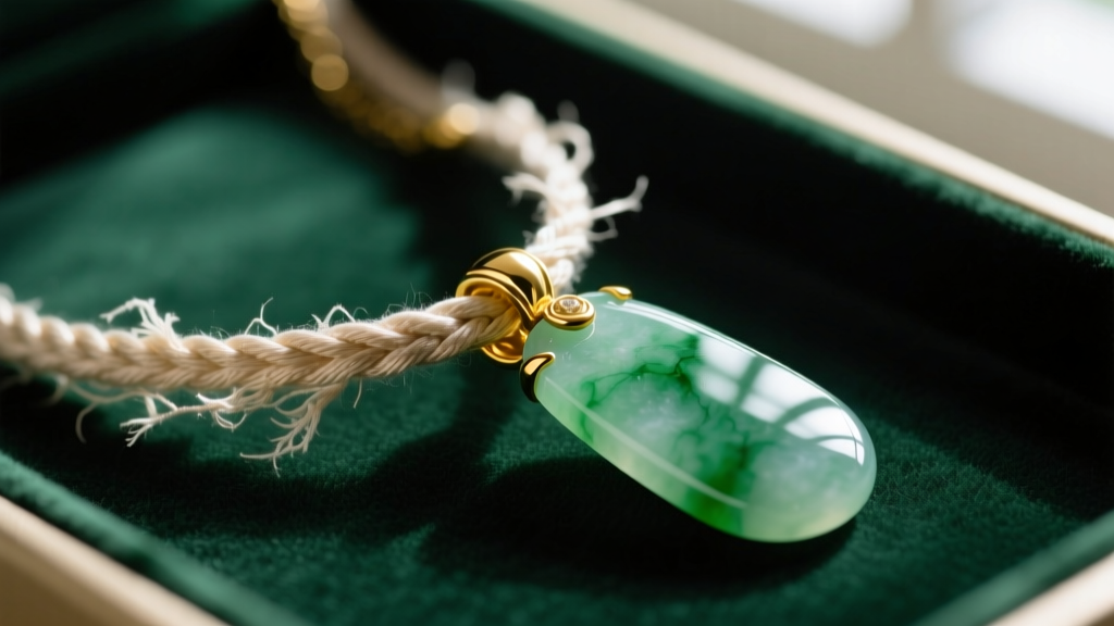 Macro shot of a frayed silk cord near a gold clasp on a jade necklace, showing wear, placed on a dark green jeweler's felt pad.