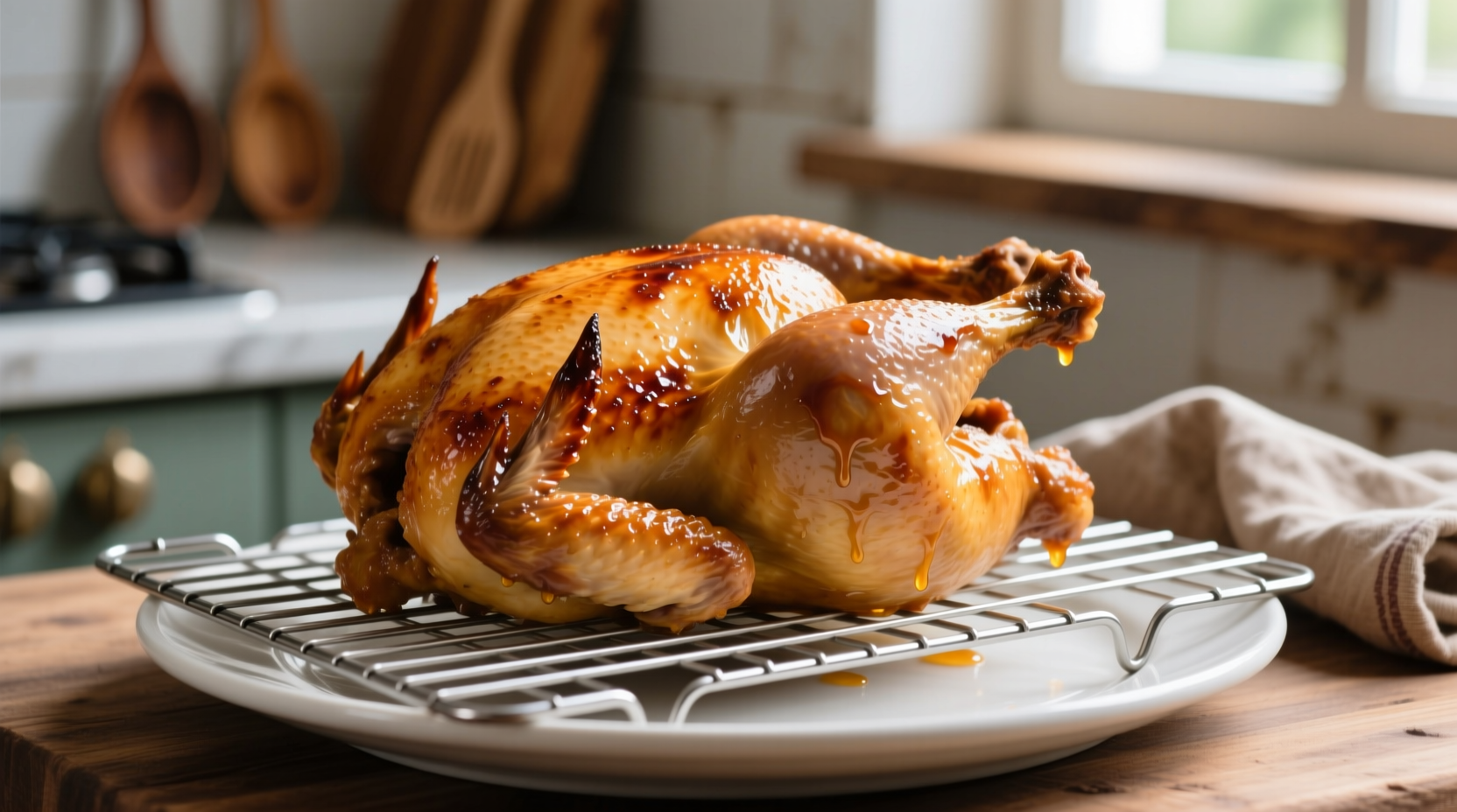 Perfectly roasted golden brown chicken on a wire rack