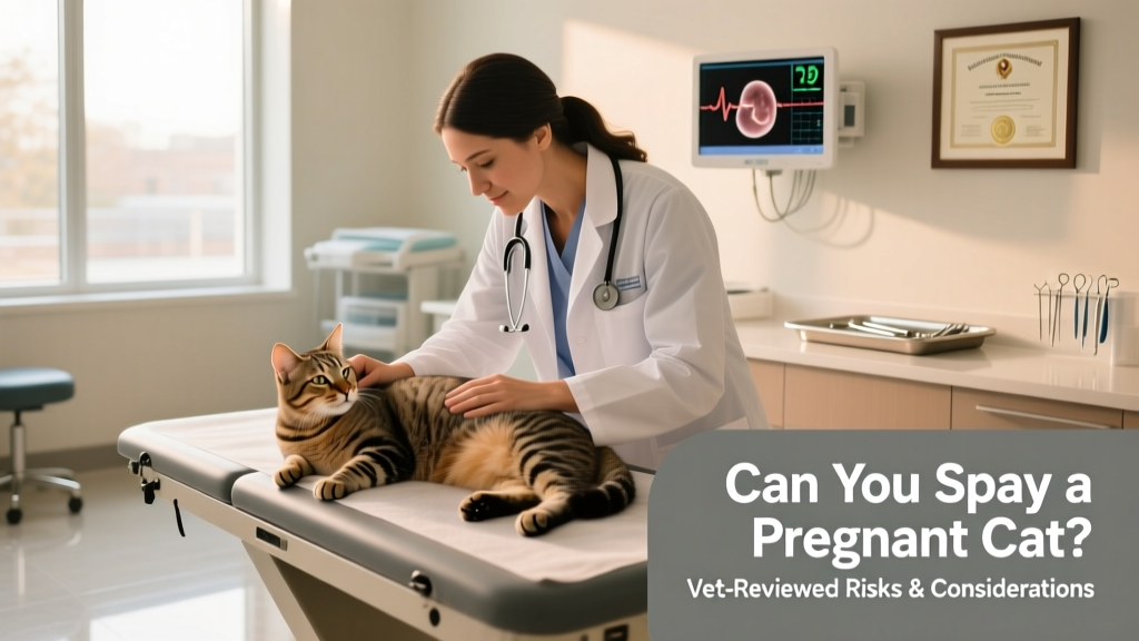 Veterinarian gently examining a calm, pregnant cat in a clinic setting