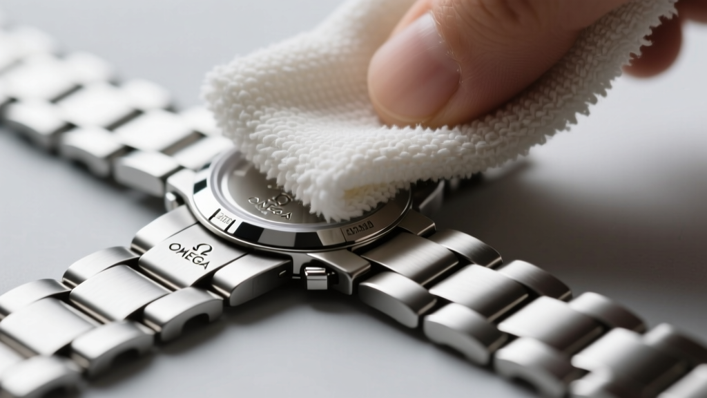 Soft microfiber cloth wiping a flat silver omega chain, revealing the overlapping metal plate structure in crisp macro detail