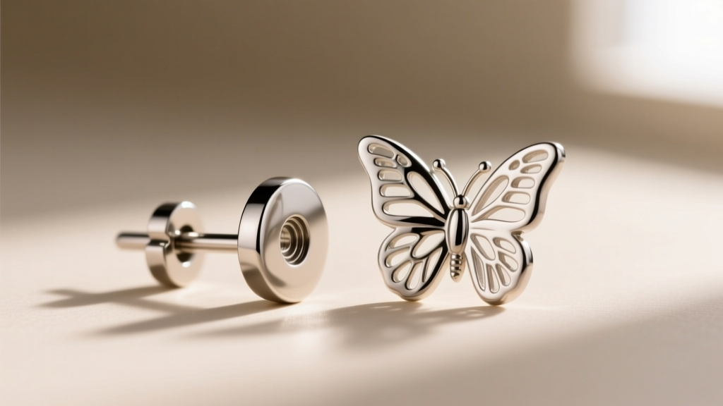 Macro view of a titanium flat-back earring post beside a butterfly back, emphasizing smooth threading and metal polish