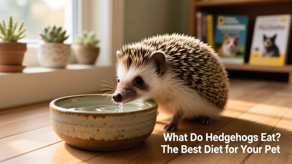 Hedgehog drinking from a sturdy ceramic bowl placed inside a clean enclosure