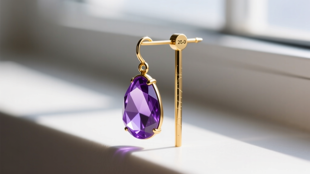 Technical macro photo showing the leverage point of a long purple drop earring resting on a thin 20-gauge gold ear piercing post