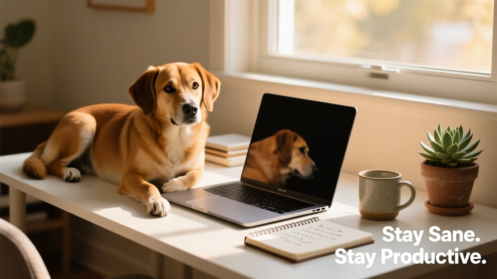 A calm dog resting beside a laptop on a tidy home desk