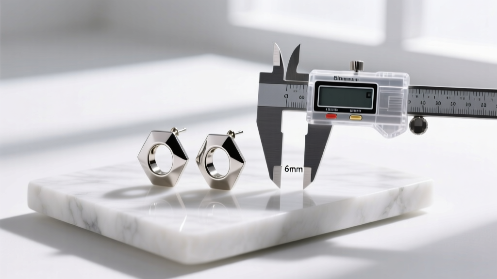 Flat lay of titanium double-hole connected earrings, a caliper measuring the 6mm gap between the posts on a white marble slab.