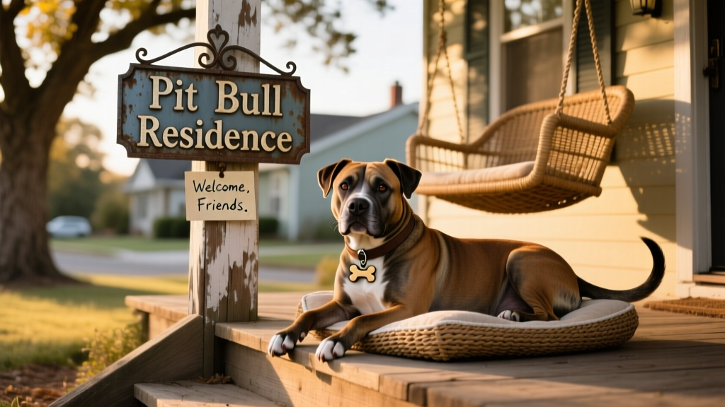 A vintage-style metal street sign reading 'Pit Bull Residence' mounted beside a cozy front porch with a relaxed Pit Bull lounging nearby