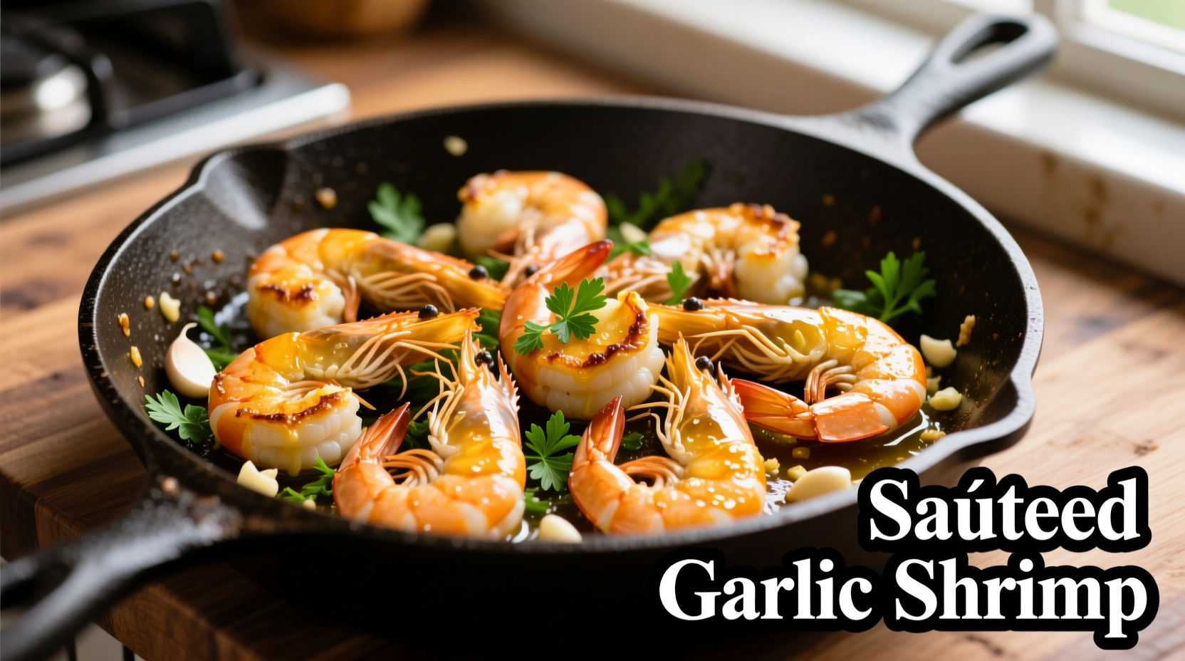 Golden sauteed garlic shrimp in skillet with fresh parsley