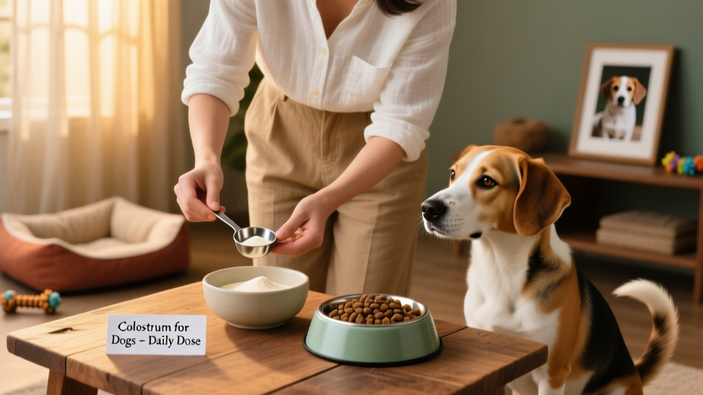 Dog owner measuring colostrum powder into a small bowl beside a food dish, illustrating easy daily dosing