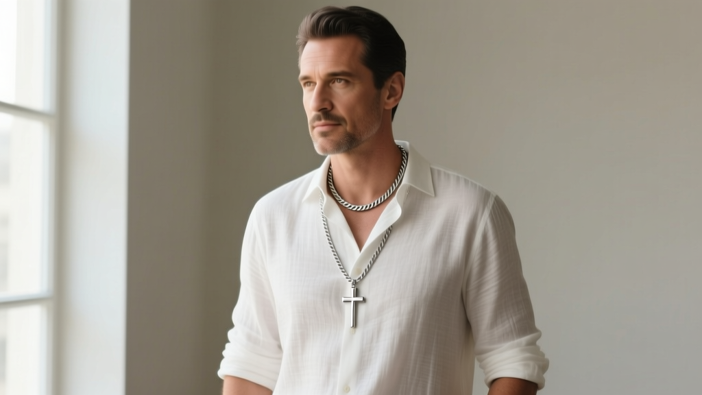Medium shot of a man in a white linen button-down shirt wearing a 22-inch sterling silver rope chain and a small cross pendant.