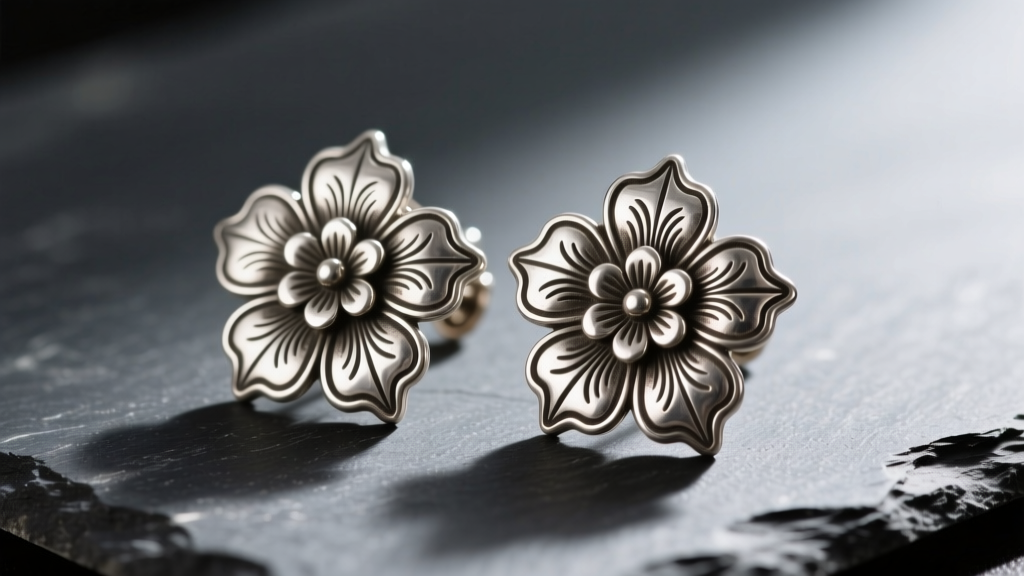 Close-up of authentic 1950s Taxco sterling silver Mexican vintage earrings with repoussé floral motifs resting on dark slate