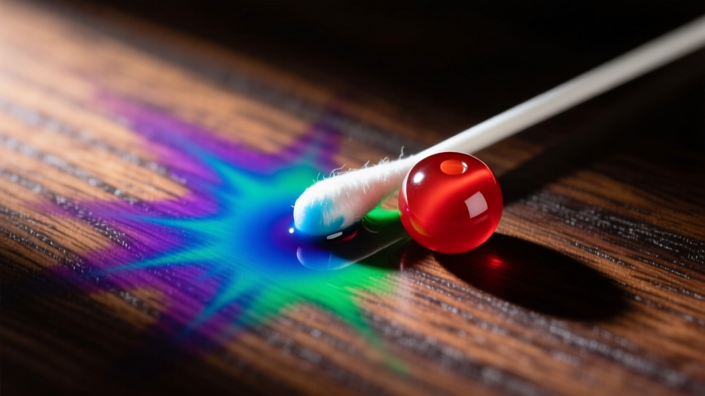 Cotton swab with Simichrome polish beside a red Bakelite bead, showing the chemical authentication color-change test on dark wood