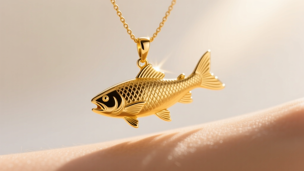 Macro shot of a 14k yellow gold leaping salmon pendant on a delicate rope chain, catching warm sunlight against glowing skin.