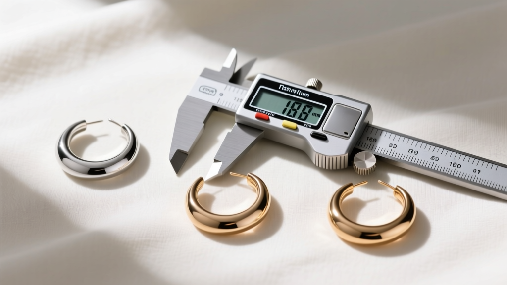 Flat lay of moon hoops in titanium, silver, and brass on linen, beside a digital caliper for exact jewelry sizing and gauge checking