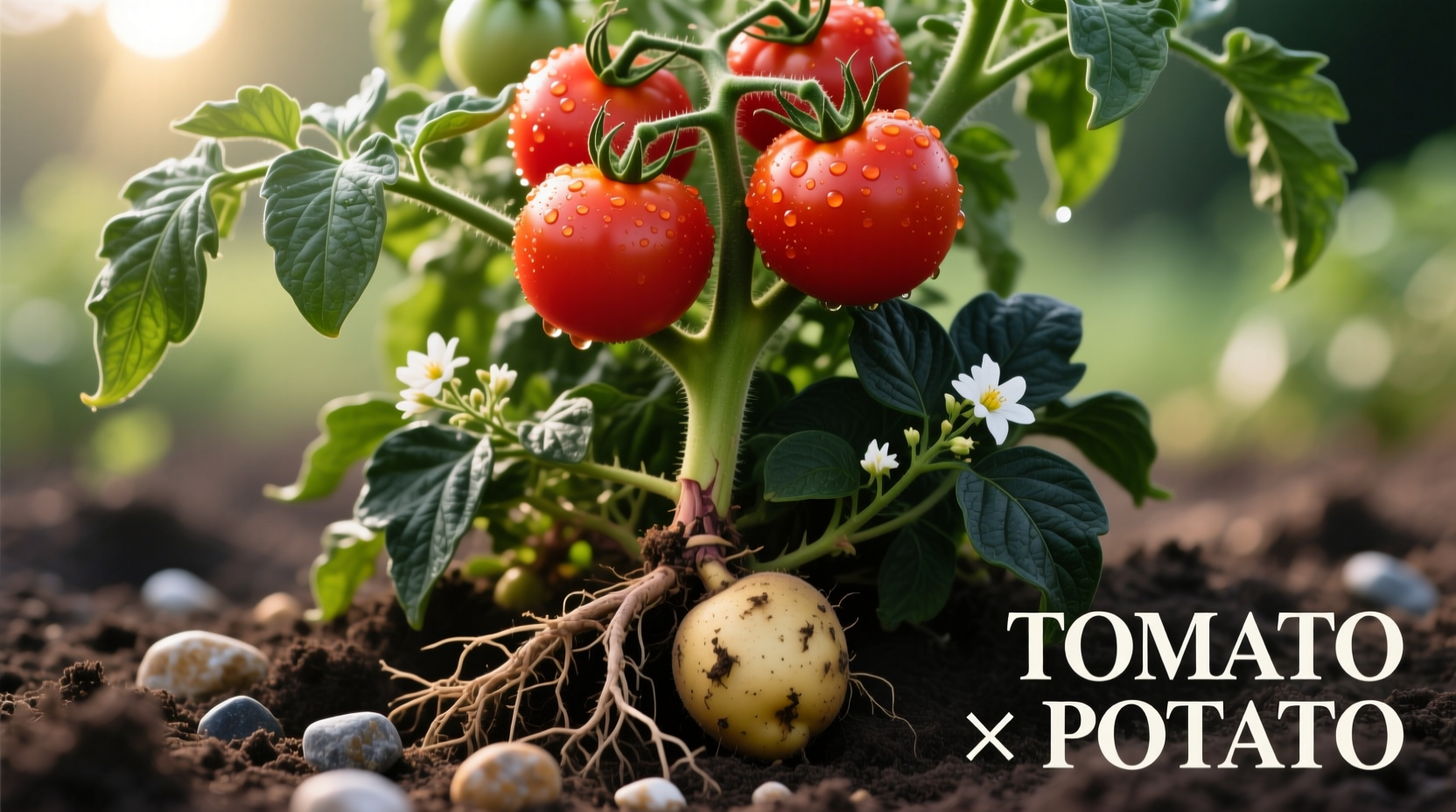 Tomato grafted onto potato plant showing dual harvest