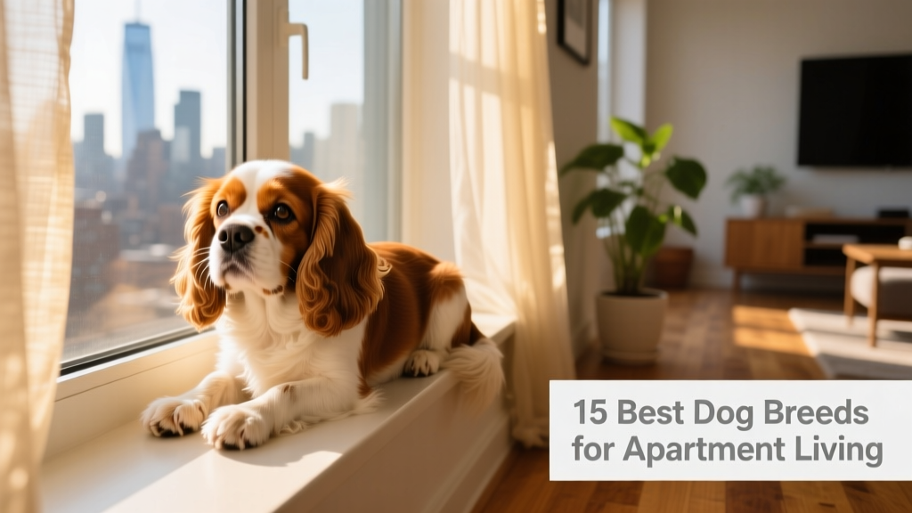 A Cavalier King Charles Spaniel curled up on a sunlit apartment windowsill, looking relaxed and content