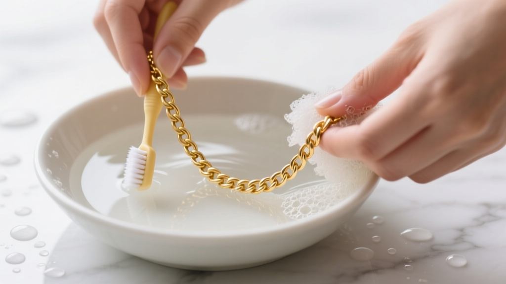 Hands gently scrubbing a delicate 14k gold figaro necklace chain with an extra-soft baby toothbrush in a bowl of soapy water.