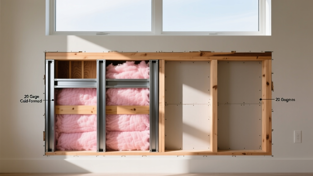 Wall cross-section comparing 20-gauge cold-formed steel studs to wood framing, with exposed pink fiberglass insulation and drywall