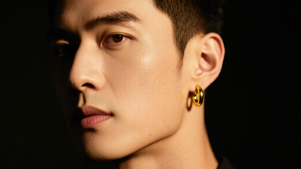 Man with sharp jawline wearing a single minimalist 14k yellow gold huggie hoop on his right ear lobe in moody studio light