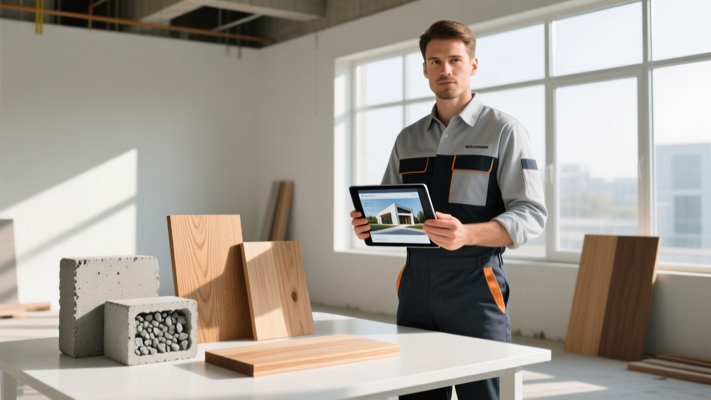 Site engineer holding a tablet showing high-resolution pictures of building materials next to physical concrete and timber samples