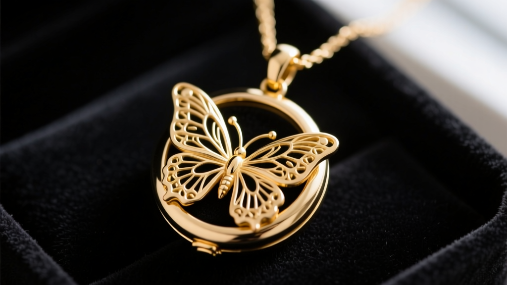 Macro shot of a 14k gold butterfly locket necklace on black velvet, highlighting the intricate wing engraving and polished bail.
