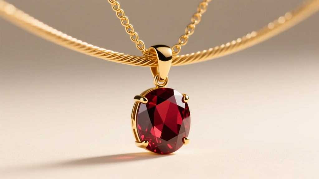 Close-up of a 1.5mm gold cable chain and lobster clasp attached to a replica Garnet pendant under soft warm studio lighting