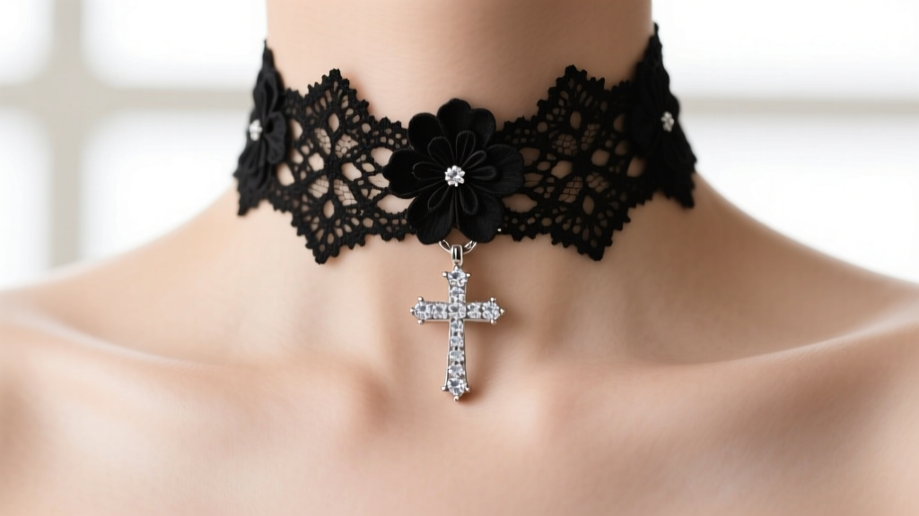 Extreme close-up of a black floral lace choker with a micro-pave diamond cross pendant resting elegantly on a pale collarbone.